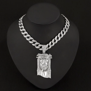 Hip hop silver Jesus head pendant necklace with rhinestones on a Cuban link chain