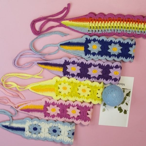 Handmade Crochet Flower Headband Knit Daisy Pattern Bohemian Adjustable Tie Hair Band Headwear For Women Girls
