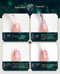 Four-step guide for applying floral nail stickers with base and protection layers