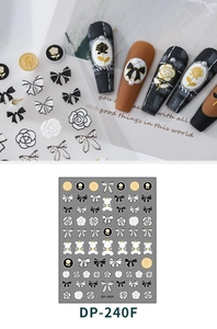 Detaillierte 3D-Präge-Nagelaufkleber mit schwarz-weißen Rosen, Schleifen und Bären DP-240F