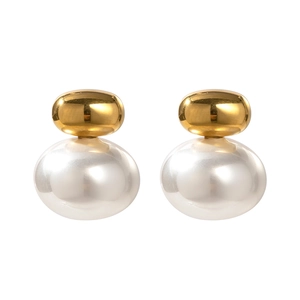 Elegant French vintage gold metal ball earrings with white pearls on a clean background