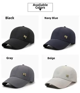 Detail view of lightweight mesh baseball caps in black navy grey and beige colors