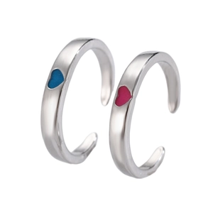 Minimalist adjustable silver rings with luminous blue and rose red heart accents