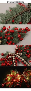 Detail of Christmas garland with red berries, pine needles, and glowing LED lights