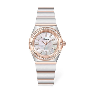 Elegant women's watch with mother of pearl dial and crystal bezel on steel strap