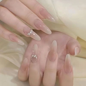 Press On Nails Long Almond Handmade Nude Gradient With Rhinestones And Chain Detachable False Nails For Women Elegant