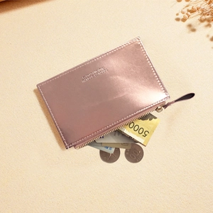 Slim rose purple metallic zip coin purse with multiple card slots and Korean style design