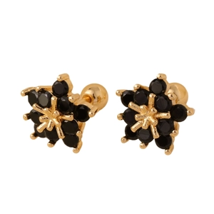Elegante goldene Kleeblatt-Ohrstecker mit schwarzen Zirkonia und sicherem Schraubverschluss