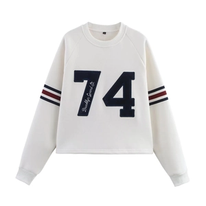 White crewneck sweatshirt with Brooklyn 74 print and striped cuffs for women