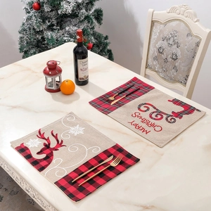 Christmas Santa Reindeer Placemat Set with Red and Black Buffalo Plaid Borders