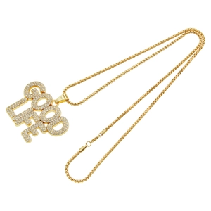 Hip hop style gold box chain necklace with iced-out GOOD LIFE letter pendant