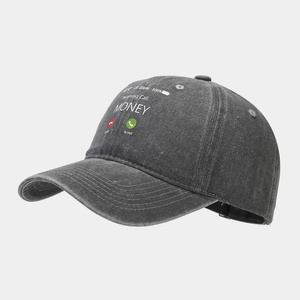 Close-up of charcoal grey washed cotton baseball cap with Money incoming call print