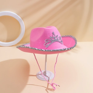 Pink cowgirl hat with silver crown and sequins for festival parties and Halloween