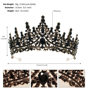 Detail view of rhinestone tiara with dimensions, 13.5cm diameter and 8cm height specifications