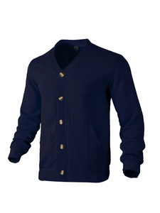 Navy blue V-neck knitted cardigan with cable pattern and brown buttons for men