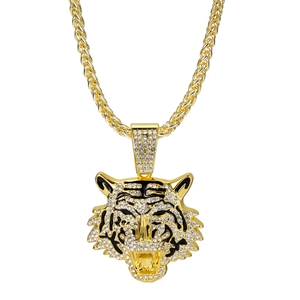 Hip hop gold plated tiger head pendant necklace with rhinestones on twist chain