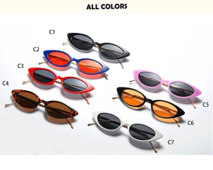 Matrix display of vintage cat eye sunglasses in seven colors with sleek metal temples