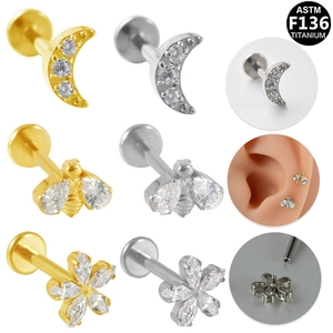 ASTM F136 Titanium Internal Thread Bee Moon Flower Lip Labret Nose Stud Piercing Jewelry Rhinestone Earring Stud