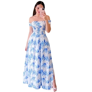 Floral off-the-shoulder maxi dress with side slit and elastic waist in white and blue