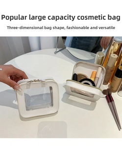 Clear cosmetic bag detail showing transparent window, zipper closure, and ample daily storage space.