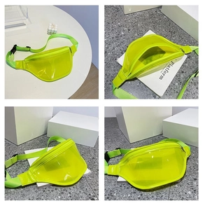 Macro detail of fluorescent green transparent PVC fanny pack with adjustable strap and buckle