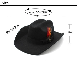 Detailed sizing chart for black western cowboy wool hat with feather and wide brim