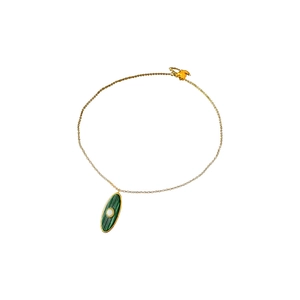 Vintage oval green malachite sun pendant necklace with gold chain on white background