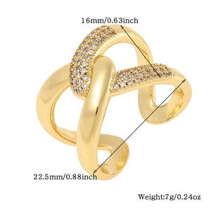 Detail showing dimensions of adjustable gold ring with pavé cubic zirconia inlay