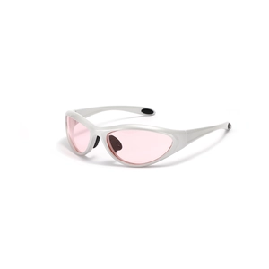 Futuristic silver frame sunglasses with pink lenses and y2k sporty aesthetic style