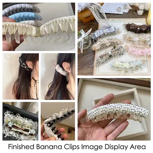 Elegant banana hair clips with lace bows and pearls in a multi-color display set
