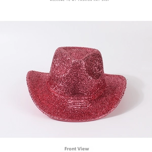 Front view of a red glitter cowboy hat with high-density sequins for party wear