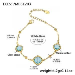 Detail of gold stainless steel bracelet with blue square glass stones and dimensions
