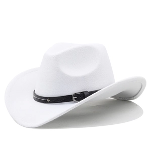 Classic white wool western cowboy hat with black leather belt and silver buckle
