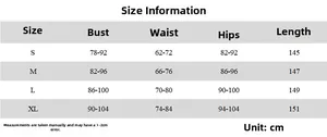 Detailed size chart for sleeveless slim fit dress showing bust, waist, and hips measurements
