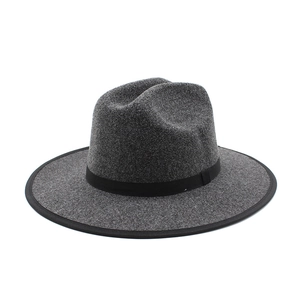 Classic dark grey wool felt fedora hat with wide brim and black ribbon band detail
