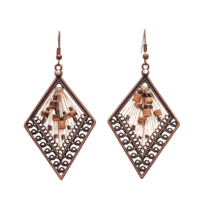 Vintage bohemian rhombus drop earrings with coconut shell beads and antique bronze finish