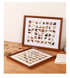 Close-up of a wooden DIY herbarium frame with a grid layout for autumn leaf specimens