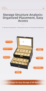 Detail of 20-slot double layer watch box with black PU leather and glass lid