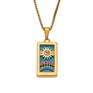 Retro stainless steel sun and rainbow tarot pendant necklace with turquoise inlay