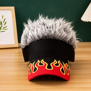 Detail of black visor cap with grey hair and vibrant red flame embroidery accents