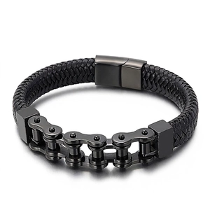 Bracelet Homme En Cuir Tressé Acier Inoxydable Chaîne De Vélo Bijoux Punk Biker Avec Fermoir Magnétique