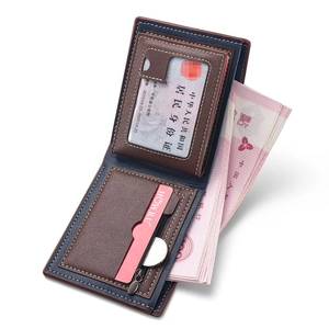 Men's bifold wallet with multi-card slots and zipper pocket in navy blue and brown leather