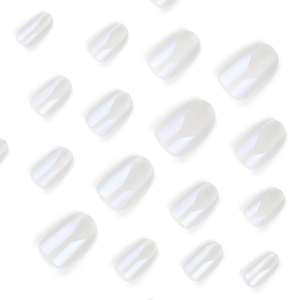 Minimalist aurora pearl white press-on nails set with oval shapes and high gloss finish