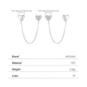 Elegant S925 sterling silver long chain earrings with sparkling pavé heart pendants