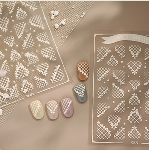 3D embossed white lace and grid nail stickers set with elegant manicure display