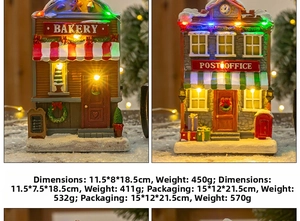 Detail of light-up resin Christmas bakery and post office house models with LED lights