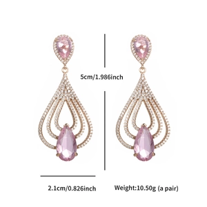 Pink pear-cut crystal drop earrings with dimensions 5cm by 2.1cm and weight 10.5g