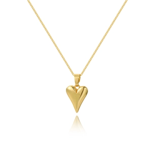 Detailed view of a golden 3D heart pendant on a delicate chain with a polished finish