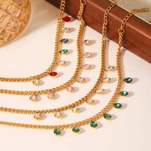 Classic gold stainless steel Cuban chain necklace set with colorful zircon teardrop charms