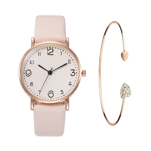 Pink quartz watch with gold case and rhinestone heart bracelet jewelry set for women